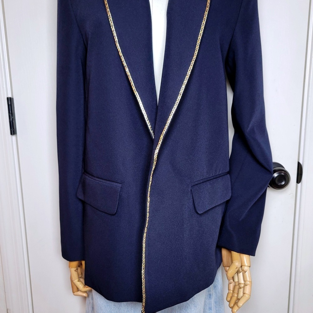 Vici Navy Blue Gold Chain Trim Blazer Cardigan Blazer Size Small Elegant Chic - Picture 3 of 11